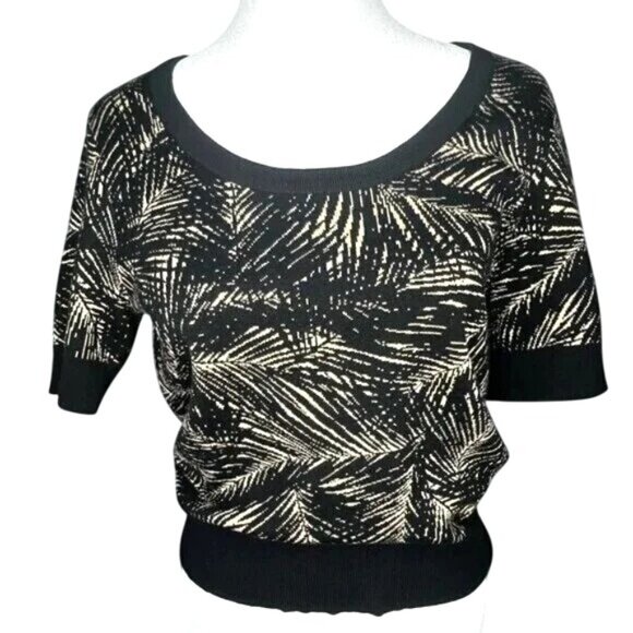 Michael Michael Kors Black Gold Palm Print Short Sleeve Knit Sweater Top Medium - Picture 1 of 12